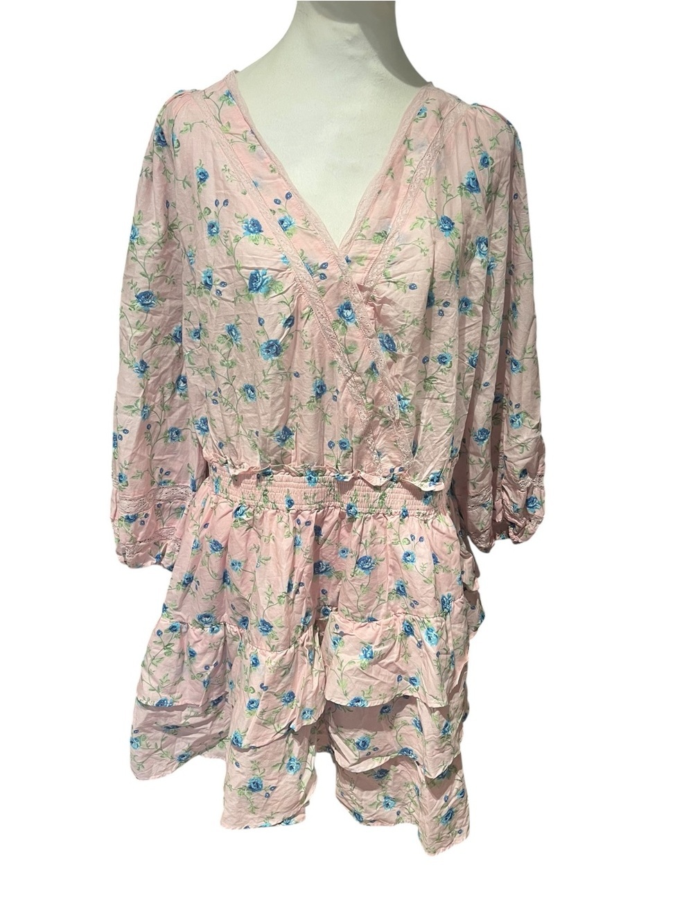 LoveShackFancy NWT 2XL Pink Blue Floral Prairie Cottagecore Dress Lace Trim - Picture 2 of 13